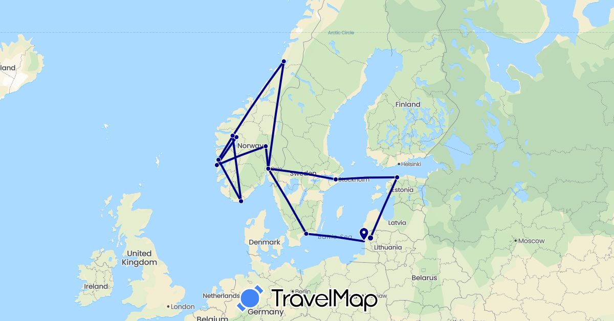 TravelMap itinerary: driving in Estonia, Lithuania, Norway, Sweden (Europe)
